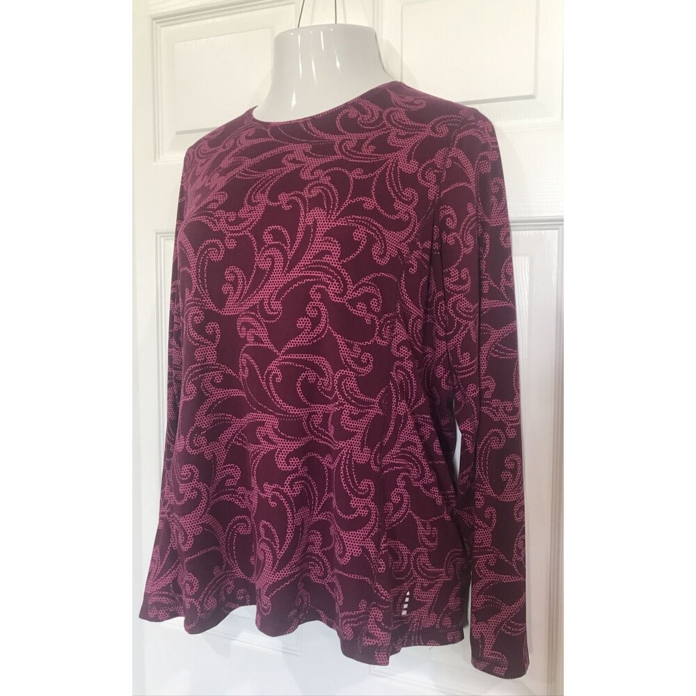 Lands End Womens Stretch Knit Top Long Sleeve Scroll Burgundy Knit XL